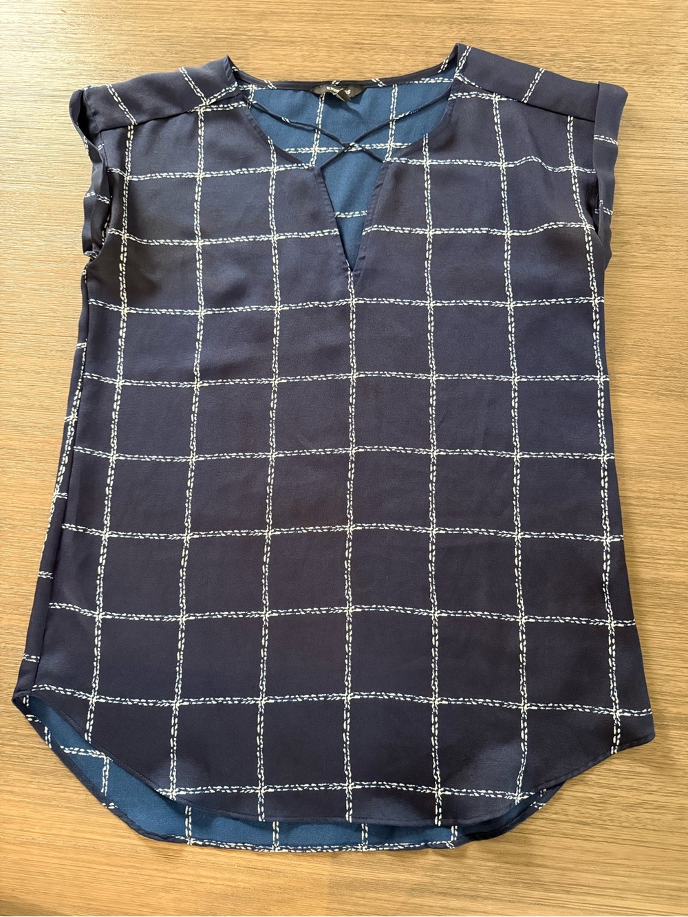 Express Navy and White Windowpane Split-Neck Blouse